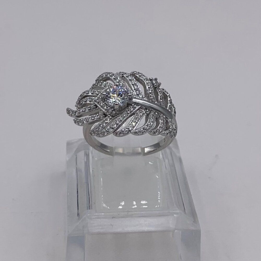 Ring, solid 925 sterling, feather motif, lab created gems, sz 7